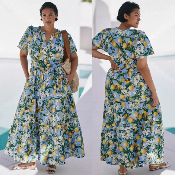 Anthropologie Dress Somerset Maxi Floral Flutter Sleeve Dress Iris Blue Size L - Picture 1 of 9